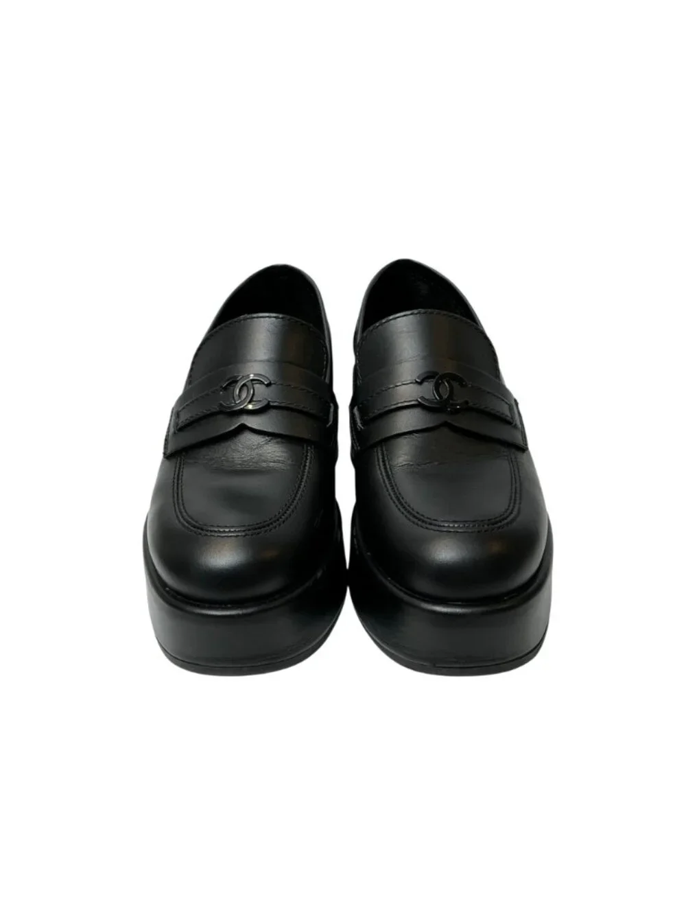 CHANEL Black Platform CC Leather Loafers Sz 7